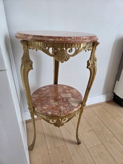 Vintage French Brass & Pink Marble 2-Tier Side Table Plant Stand