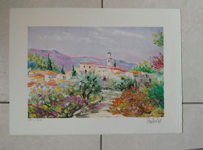 Limited Edition lithograph Le petit village provencal By Marcel Belvisi 241/250