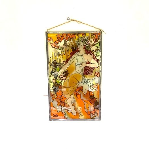 Vintage Art Nouveau Style Hand Painted and stained glass Glass Panel