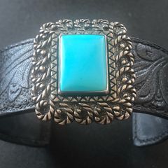 sterling silver tooled leather Carolyn Pollock turquoise cuff bracelet