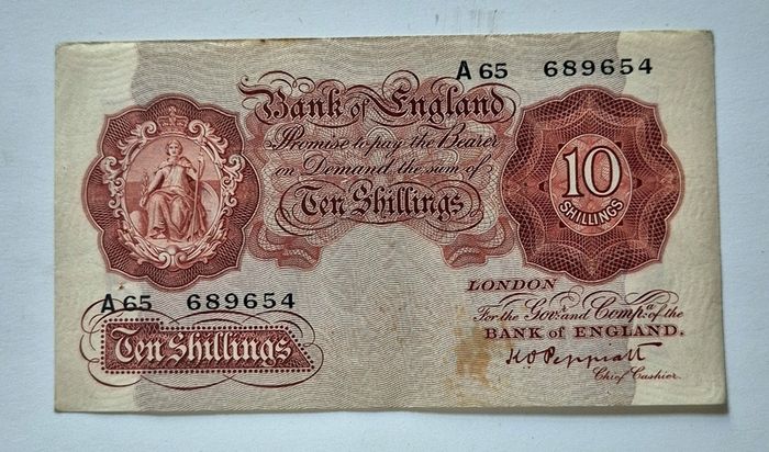 1930's Bank of England 10 Shilling banknote, signed by Chief Cashier K.O. Peppiatt,