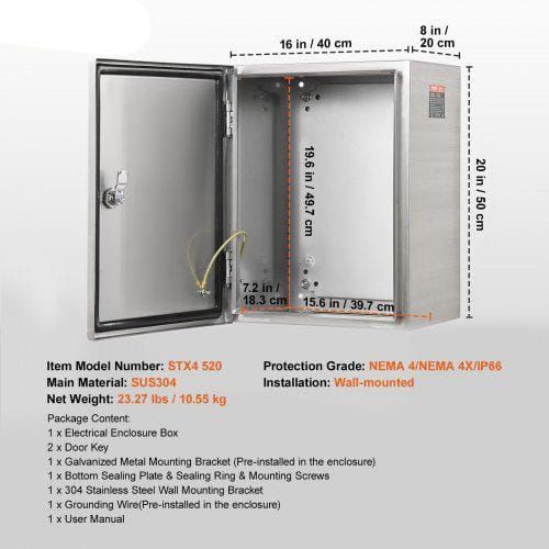 Steel Electrical Box, 50.8 x 40.6 x 20.3 cm, 304 Stainless Steel Electrical Enclosure Box, Wall-Mounted Outdoor Electrical Electronic Equipment Enclosure with Mounting Plate Hinges Lock, IP66 Waterproof
