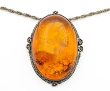 Carved Natural Baltic Amber Patinated Silver Necklace