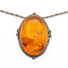 Carved Natural Baltic Amber Patinated Silver Necklace
