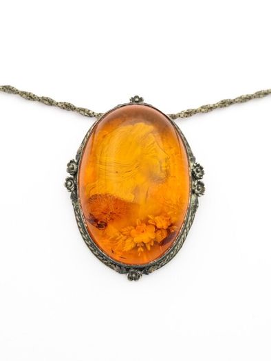 Carved Natural Baltic Amber Patinated Silver Necklace