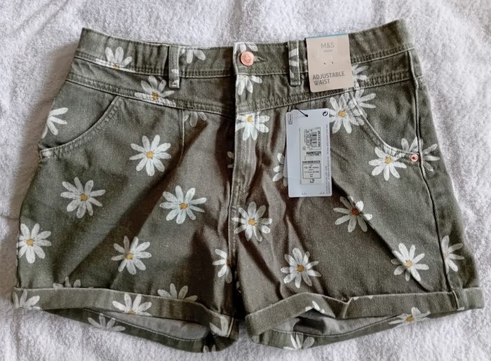 M&S Khaki Denim Shorts with Flower Print Age 15-16 BNWT