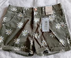 M&S Khaki Denim Shorts with Flower Print Age 15-16 BNWT