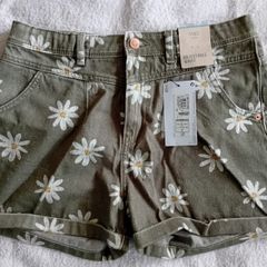 M&S Khaki Denim Shorts with Flower Print Age 15-16 BNWT