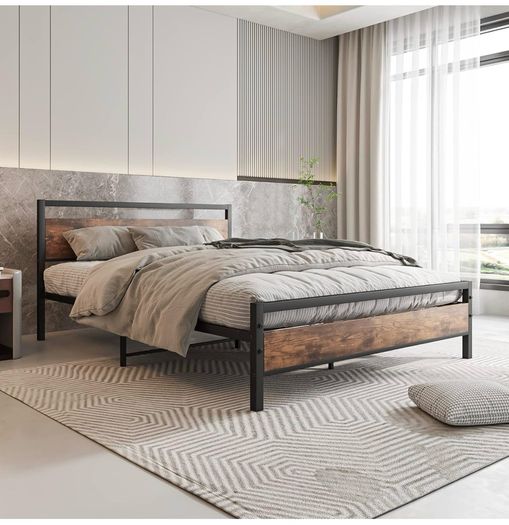 King Size Bed Frame with Wooden Headboard,Metal Platform