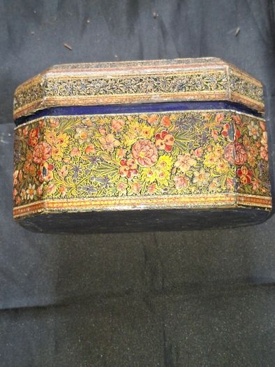 Antique 19th Century Kashmiri Lacquered Papier Mache box featuring ornate floral and bird motifs