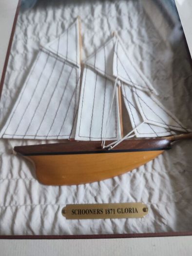 Vintage Wall Hanging Framed Wood Shadow Box with Half Hull Sailboat Models Made of Wood SCHOONERS 1871 GLORIA