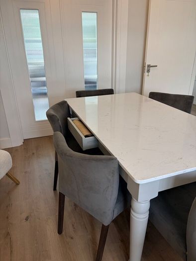Marble top Dining Table w/ 6 grey velvet chairs