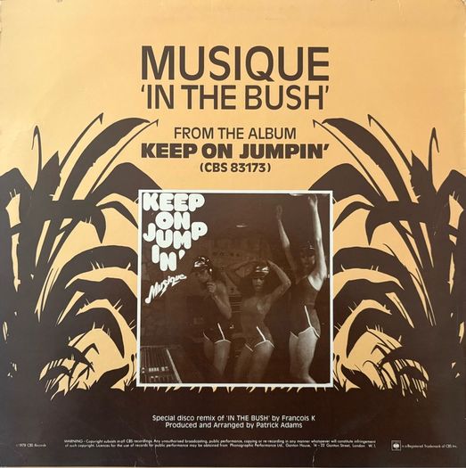 Musique - In The Bush. Limited Edition twelve inch disco single. Pioneering 1978 release.  Also features remix by Francois K. Plays perfectly and great condition.