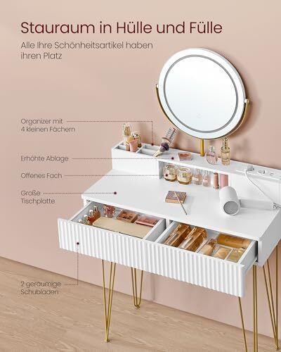 LED Dressing Table with Stool charging station and Mirror with 2 Drawers