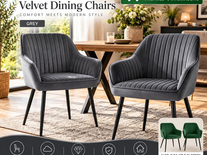 Set of 2 Velvet Dining Chairs with Armrests Green or Grey