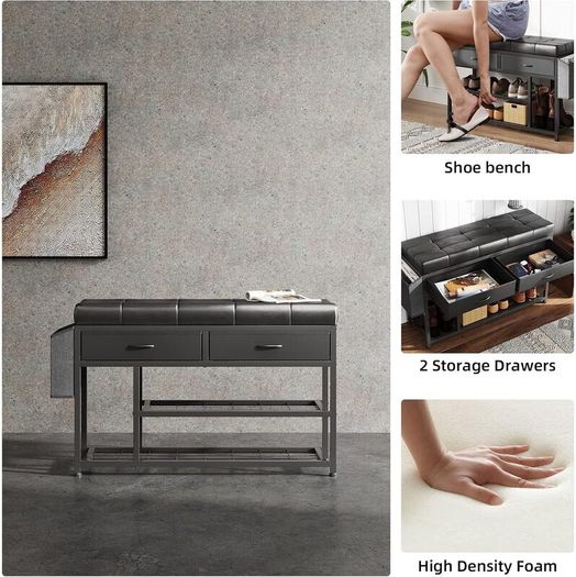 Shoe Bench with Cushion, Storage Bench with Padded Seat, Metal Shoe Racks and Fabric Drawers