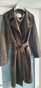 MADISON khaki midi length coat with stud detail open front with tie Sz L (12-16 UK) - Rrp 289 (New)