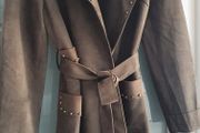 MADISON khaki midi length coat with stud detail open front with tie Sz L (12-16 UK) - Rrp 289 (New)