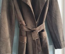 MADISON khaki midi length coat with stud detail open front with tie Sz L (12-16 UK) - Rrp 289 (New)