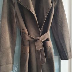 MADISON khaki midi length coat with stud detail open front with tie Sz L (12-16 UK) - Rrp 289 (New)