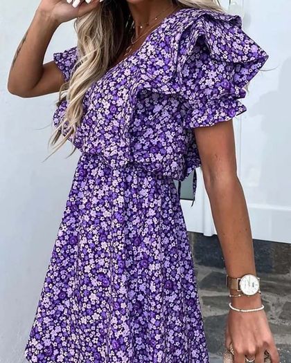 Fleece Mini Dress With Flowers Purple