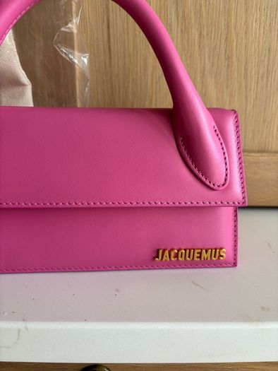 New Jacquemus Le Chiquito Long Pink Leather Top Handle Bag Strap Dust Bag