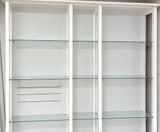 Bespoke custom-made glass display cabinet / display unit.  High-quality, professionally made unit with 3 sections and multiple glass shelves. White finish with glass shelving and a large amount of display/storage space.