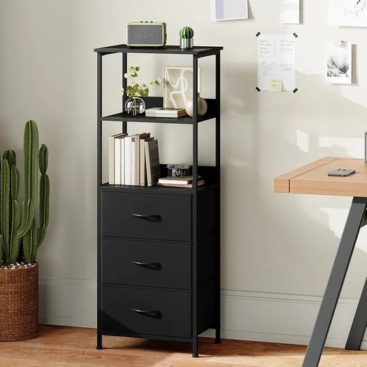 5-Tier Bookcase, Freestanding Bookcase for Living Room Bedroom Home Office, Tall Bookshelf with 3 Fabric Storage Drawers, Shelving Unit Open Storage Display Shelf, Black