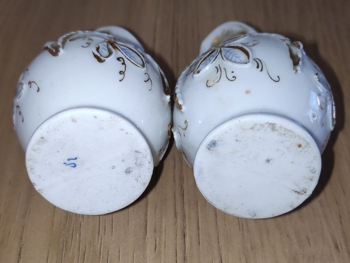 3 antique jugs white with leaves relief & gilt accents