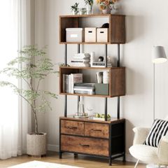 Book Shelf with 5 Shelves, Bookcase with 3 Fabric Drawers, Shelf Unit Suitable for Bedroom, Office, Living Room, Kitchen, 60 x 24 x 155cm, Vintage Colours