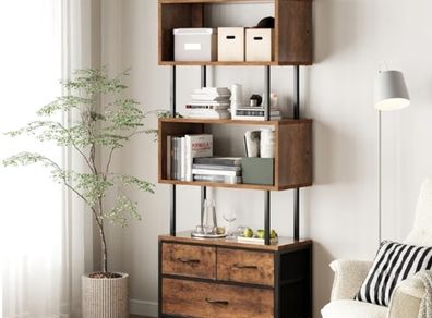 Book Shelf with 5 Shelves, Bookcase with 3 Fabric Drawers, Shelf Unit Suitable for Bedroom, Office, Living Room, Kitchen, 60 x 24 x 155cm, Vintage Colours