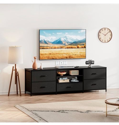 TV Stand Cabinet, TV Unit with 5 Drawers, 140 cm, All Black TV Console Table with Storage Organizers, Entertainment Center with Open Shelf for Living Room, Bedroom
