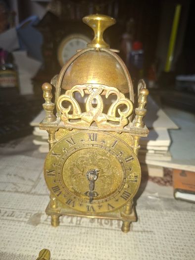 Vintage Brass Lantern Smiths Mantel Clock,  A Bedchamber or Temple Clock, with Key and working