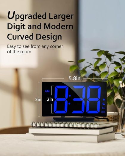 Digital Alarm Clock for Bedrooms with Modern Curved Design, Conspicuous Blue LED Numbers, 6 Levels Brightness, 2 Volume, 3 Alarm Tones, Snooze, Power-Off Memory, 12/24H, Bedside Clock