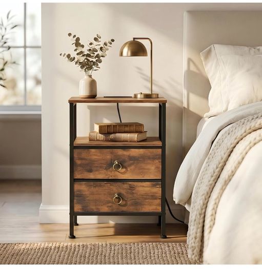 Bedside Table with Charging Station, Side Table with 2 USB Ports and Outlet