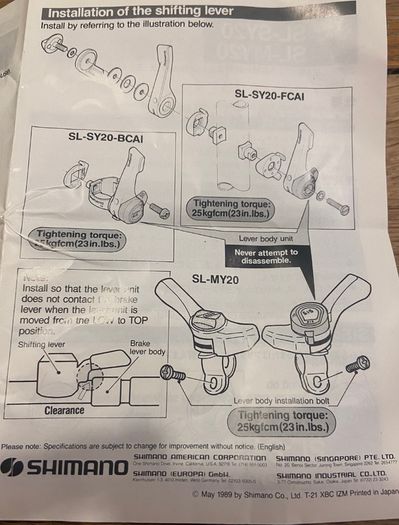 New Old Stock NOS 1989 Shimano Tourney SL-SY20 Stem Mount 6 Speed Or Friction Shifters