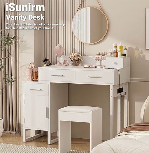 Dressing Table Vanity Desk with 4 Storage Drawers - Modern Makeup Desk with Charging Station, Vanity Desk with Reversible Cabinet Table Set with Divided Organizers for Women Girls
