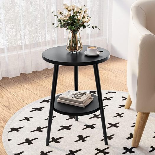 Round Side Table With Wooden Top, 38 x 55cm