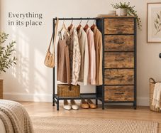 Rustic Brown Clothes Rail with 5 Drawers and Shoe Storage