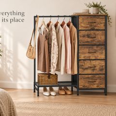 Rustic Brown Clothes Rail with 5 Drawers and Shoe Storage