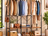 Wardrobe Open Removable Hook Open Wardrobe with Clothes Rail, Shelves, Removable Hooks,Vintage Brown