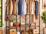 main image for ad Wardrobe Open Removable Hook Open Wardrobe with Clothes Rail, Shelves, Removable Hooks,Vintage Brown