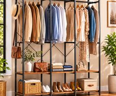 Wardrobe Open Removable Hook Open Wardrobe with Clothes Rail, Shelves, Removable Hooks,Vintage Brown