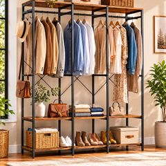 Wardrobe Open Removable Hook Open Wardrobe with Clothes Rail, Shelves, Removable Hooks,Vintage Brown