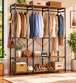 Wardrobe Open Removable Hook Open Wardrobe with Clothes Rail, Shelves, Removable Hooks,Vintage Brown