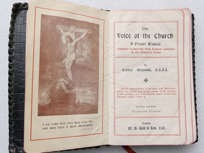 Vintage Catholic pocket prayer manual titled The Voice of the Church, compiled by Father Aloysius, O.S.F.C., and published in Dublin by M.H. Gill & Son, Ltd.