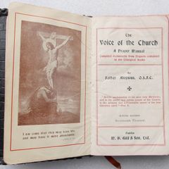Vintage Catholic pocket prayer manual titled The Voice of the Church, compiled by Father Aloysius, O.S.F.C., and published in Dublin by M.H. Gill & Son, Ltd.