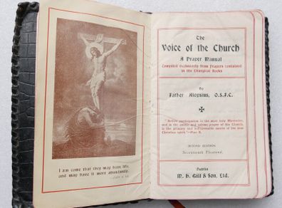 Vintage Catholic pocket prayer manual titled The Voice of the Church, compiled by Father Aloysius, O.S.F.C., and published in Dublin by M.H. Gill & Son, Ltd.