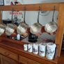 French Antique 5 copper pots with free standing oak stand plus 5 set of ceramic storage jars Image 10
