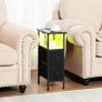 Slim Bedside Table Set of 2 with Charging Station, Narrow Side Table with LED Lights, Small Sofa Table with 2 Fabric Drawers, Nightstand for Small Spaces, Living Room, Black Image 8
